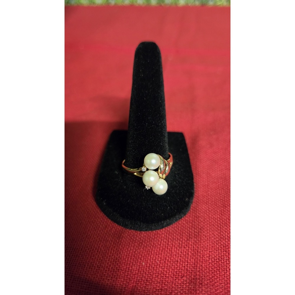 Vintage 14K Yellow Gold, Pearls, Diamonds Ring Size 10